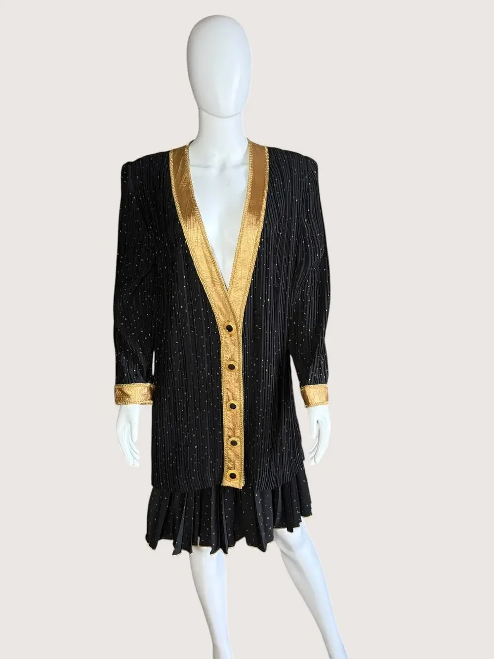 Vintage Black Gold Metallic Pinstripe Jacket Skirt Suit Set